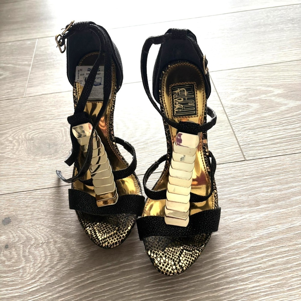 Falchi Womens Black Gold Snake Print Leather T-Strap Platform Heels Size 6 M‎